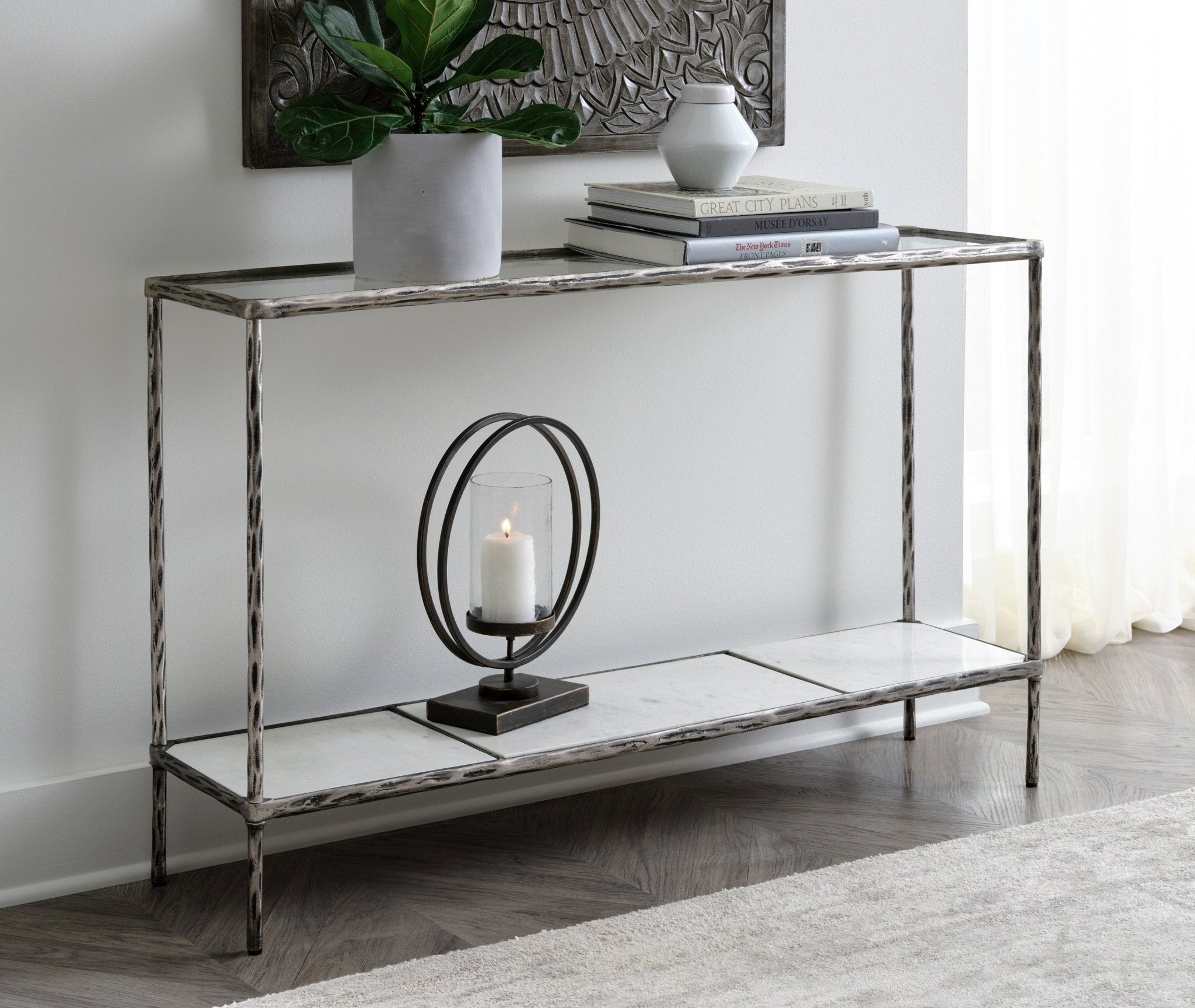 Contemporary Sofa Table in Antique Pewter - HER Home Design Boutique